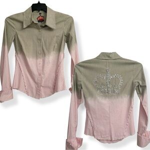 90’s Y2K Love Junkie Pinstripe Pink Green Shirt Rhinestone Crown Appliqué Medium